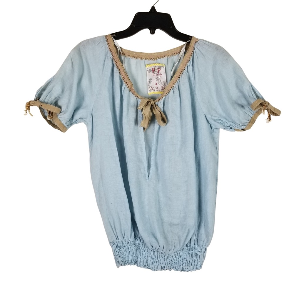Free People Blouse Women Small Blue Linen Blend Smocked Waist Shell Detail Boho